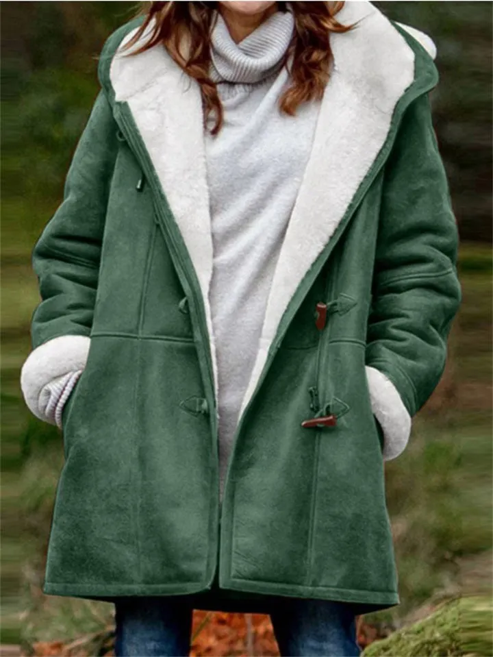 Women's Cozy Fur Lining Hooded Coat with Horn Toggles