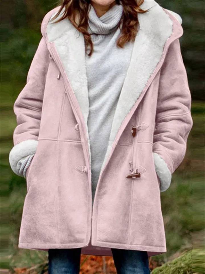 Women's Cozy Fur Lining Hooded Coat with Horn Toggles