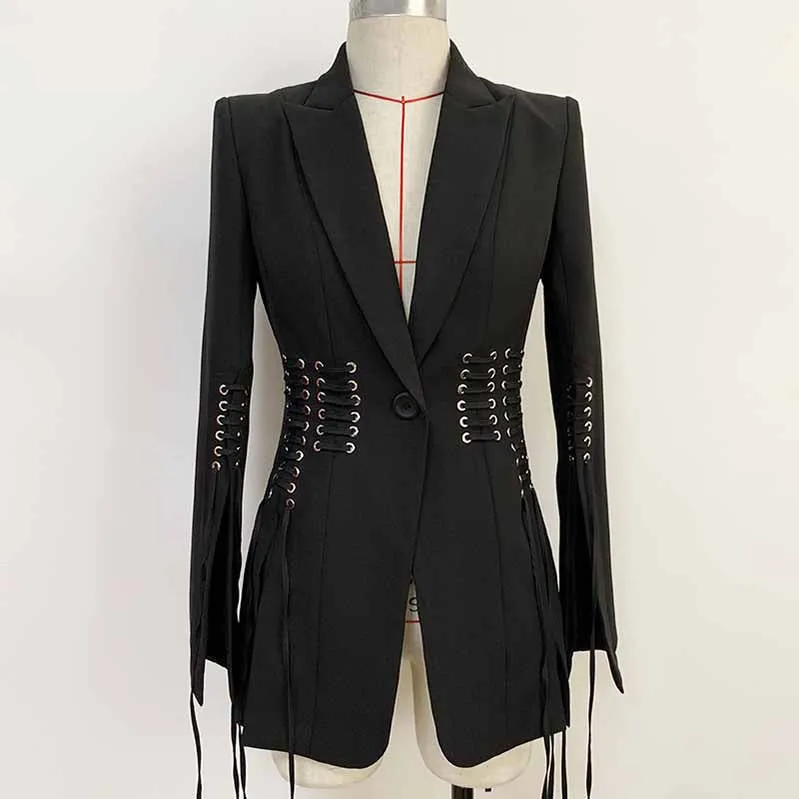 Women’s Lace-Up Design Black Blazer One-Button Split Suit Jacket