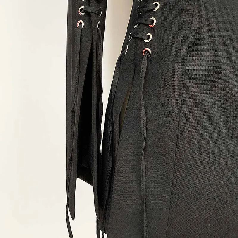 Women’s Lace-Up Design Black Blazer One-Button Split Suit Jacket