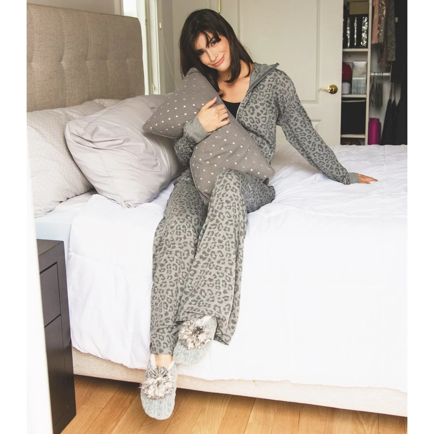 Women's MeMoi Leopard Terry Lounge Hoodie Grey Heather