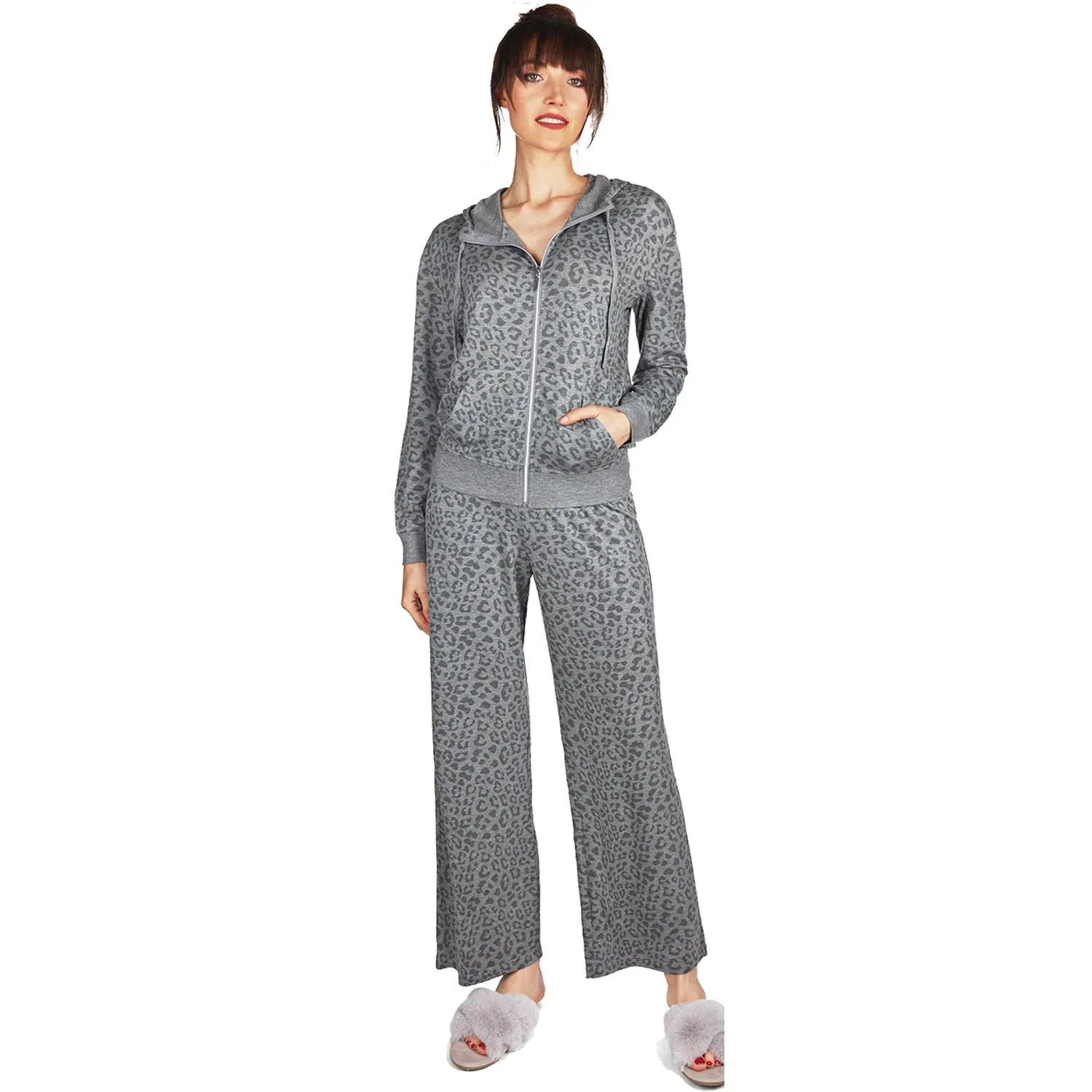 Women's MeMoi Leopard Terry Lounge Hoodie Grey Heather