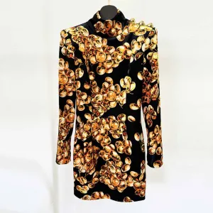 Women's Mini Dress Short Velvet Dress With Gold Grape Print