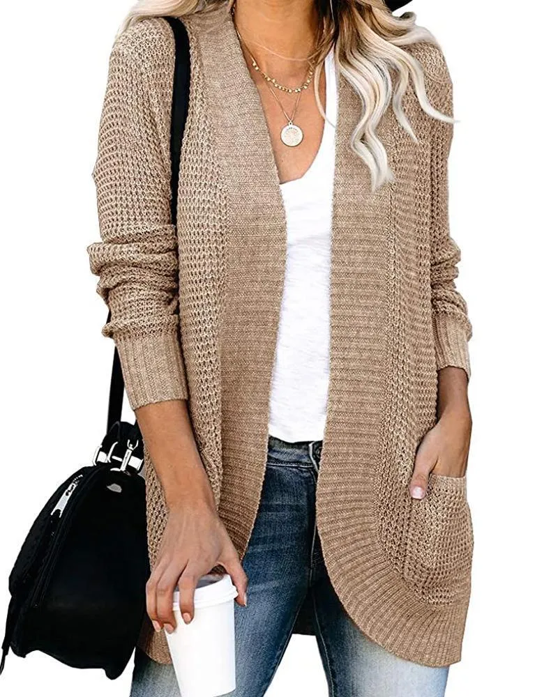 Women's Open Stitch Large Pocket Knitted Sweater Winter Warm Long Sleeve Sweaters