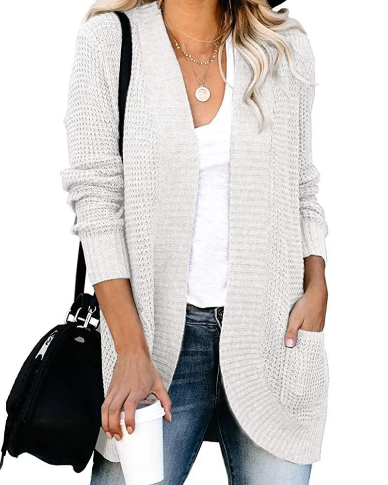 Women's Open Stitch Large Pocket Knitted Sweater Winter Warm Long Sleeve Sweaters