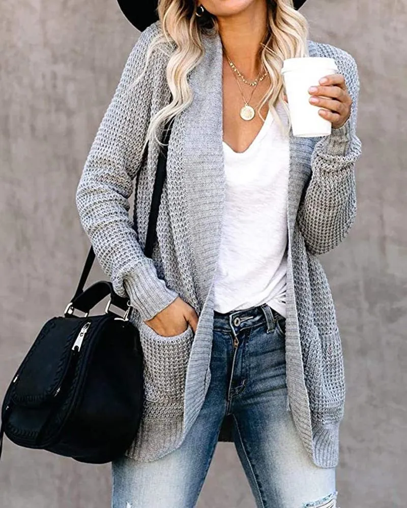 Women's Open Stitch Large Pocket Knitted Sweater Winter Warm Long Sleeve Sweaters