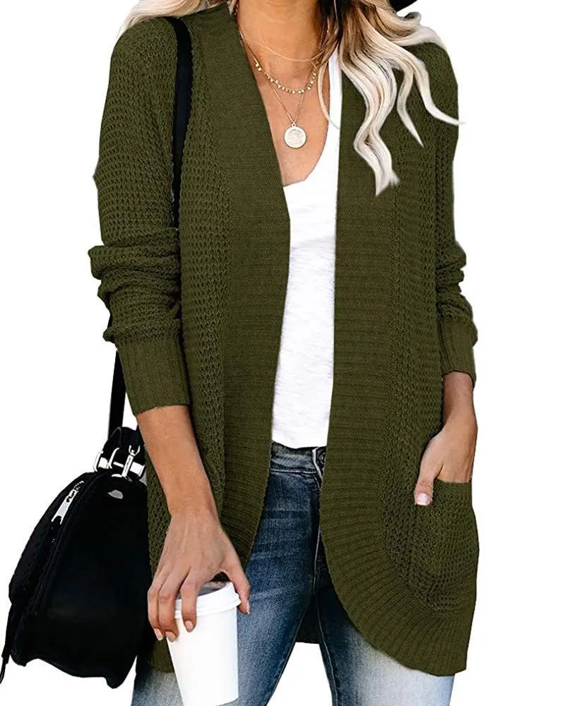 Women's Open Stitch Large Pocket Knitted Sweater Winter Warm Long Sleeve Sweaters