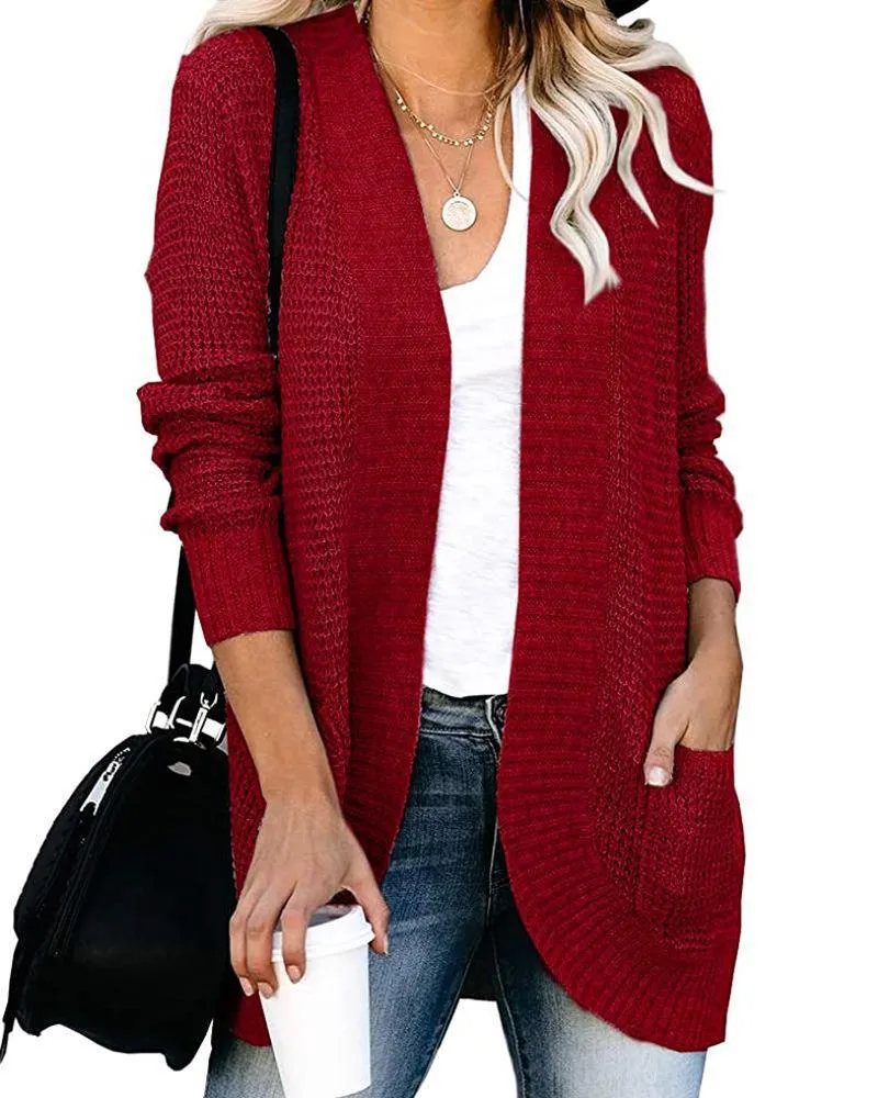 Women's Open Stitch Large Pocket Knitted Sweater Winter Warm Long Sleeve Sweaters