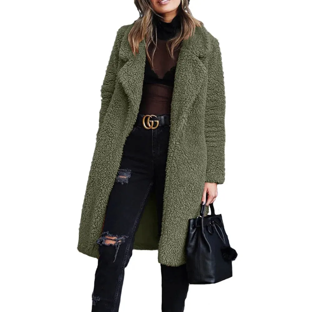Women's Teddy Long Coats Notched Collar Lapel Faux Fur Jacket Open Front Winter Coats Plus Size Cardigan
