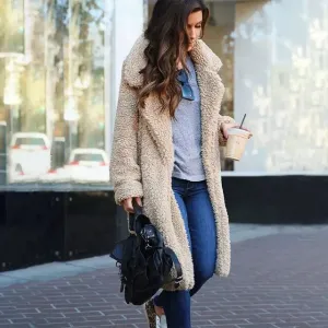Women's Teddy Long Coats Notched Collar Lapel Faux Fur Jacket Open Front Winter Coats Plus Size Cardigan