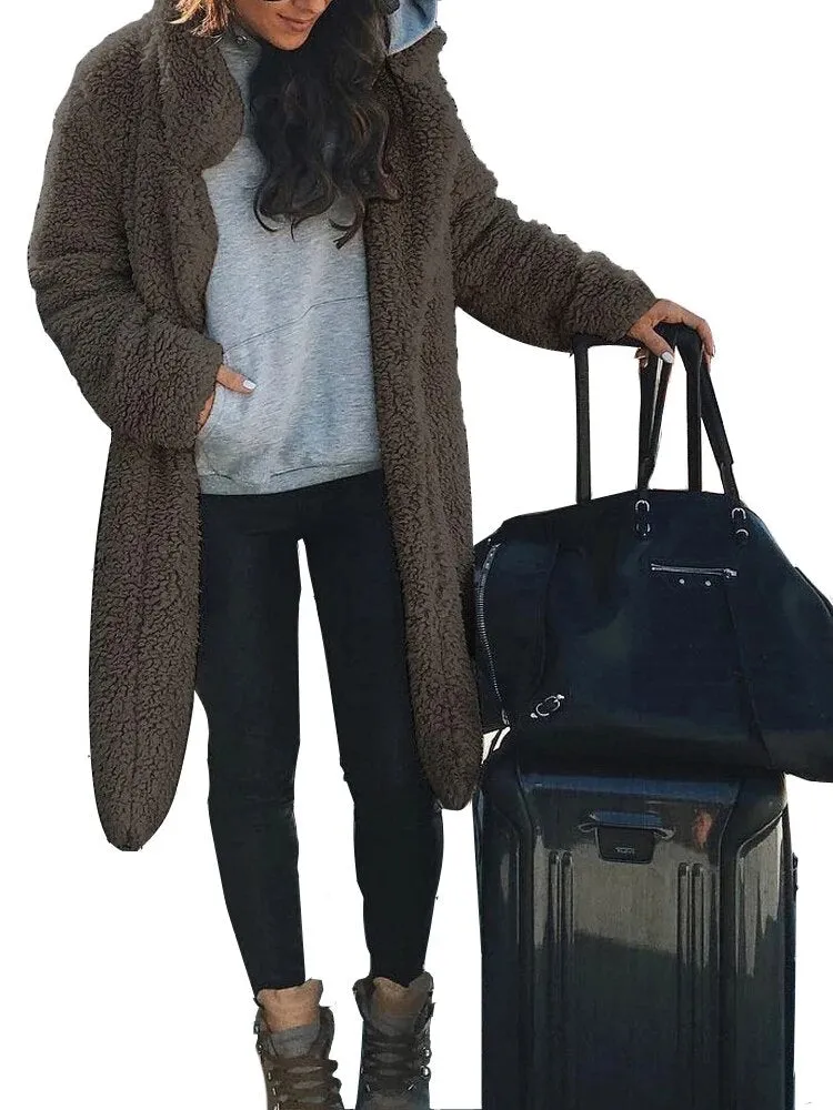Women's Teddy Long Coats Notched Collar Lapel Faux Fur Jacket Open Front Winter Coats Plus Size Cardigan