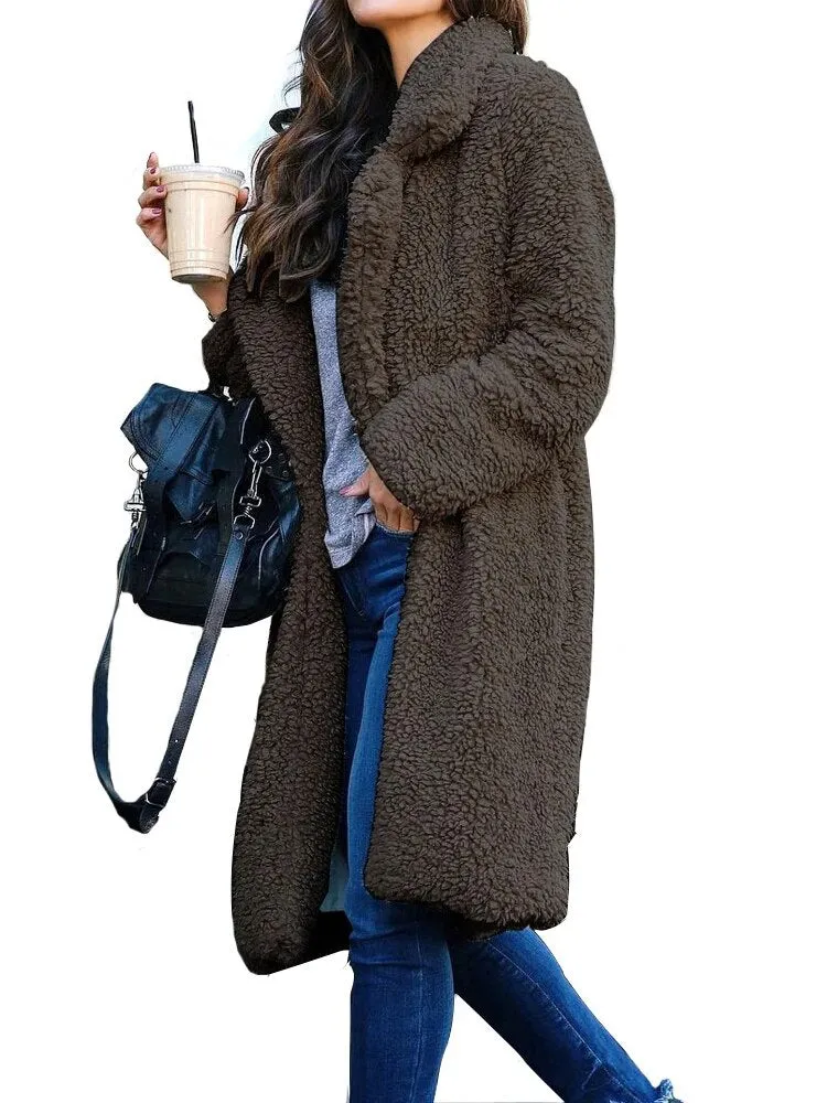 Women's Teddy Long Coats Notched Collar Lapel Faux Fur Jacket Open Front Winter Coats Plus Size Cardigan