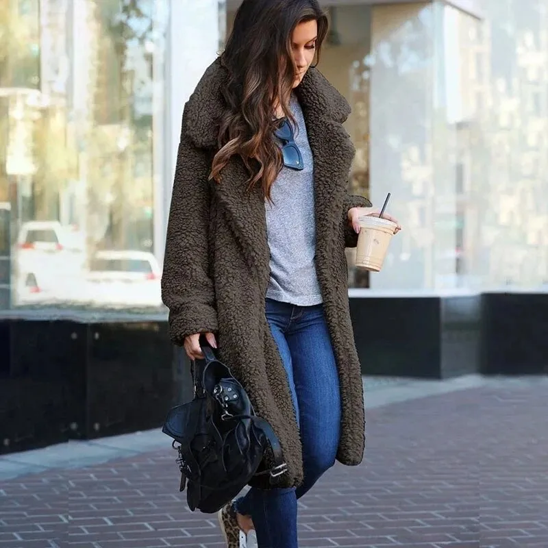 Women's Teddy Long Coats Notched Collar Lapel Faux Fur Jacket Open Front Winter Coats Plus Size Cardigan