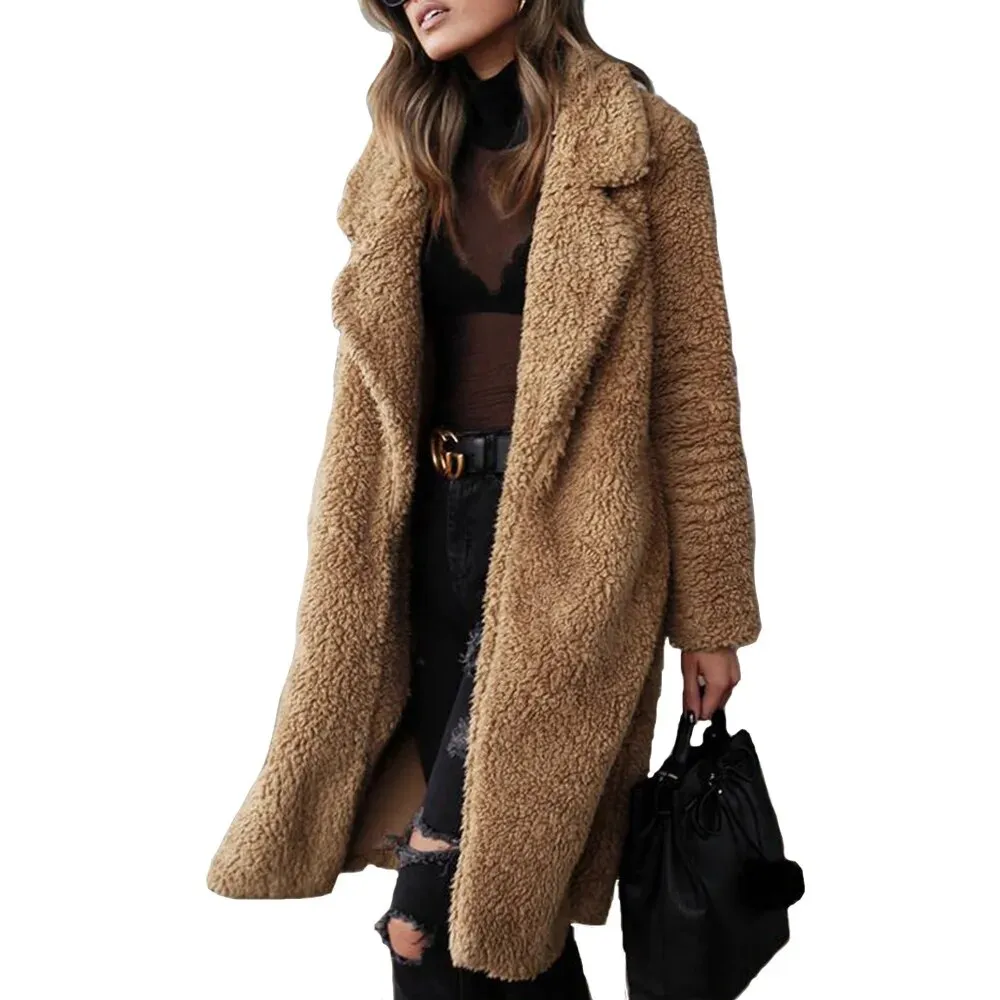 Women's Teddy Long Coats Notched Collar Lapel Faux Fur Jacket Open Front Winter Coats Plus Size Cardigan