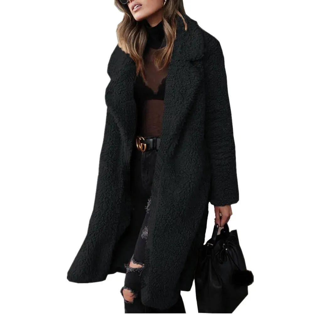 Women's Teddy Long Coats Notched Collar Lapel Faux Fur Jacket Open Front Winter Coats Plus Size Cardigan