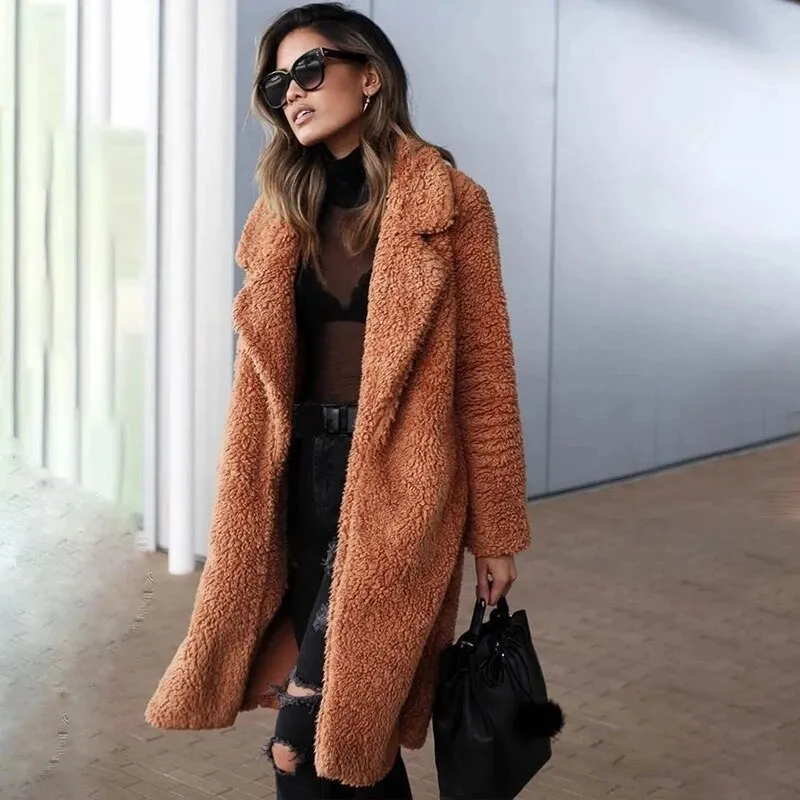 Women's Teddy Long Coats Notched Collar Lapel Faux Fur Jacket Open Front Winter Coats Plus Size Cardigan