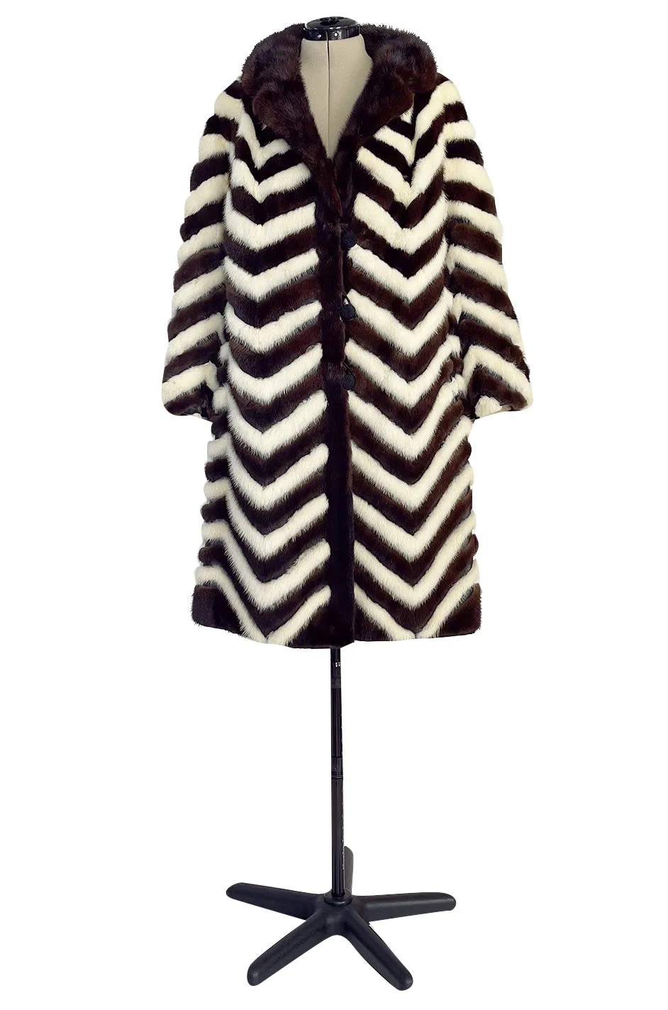Wonderful 1960s Mink Coat w a Deep Brown Chocolate & Ivory Fur & Leather Chevron Pattern